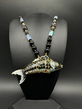 Unique Cloisonné  Enamel Fish Stone Necklace Artisan 18”