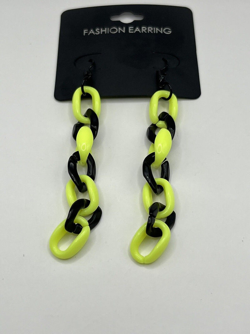 Fun Acrylic Bright Neon Black Link Chain Dangle Earrings 3.5”