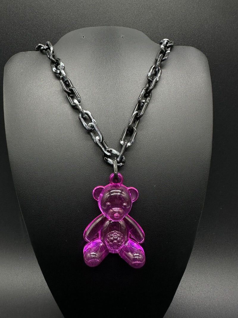 Acrylic Cable Link Chain Fuchsia Pink Bear Pendant Necklace   18” Long Black