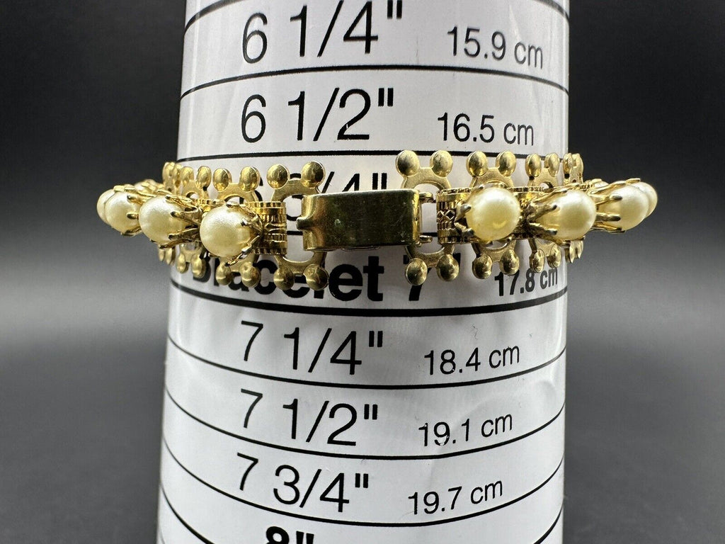 VINTAGE 1930-40'S GOLD TONE CREAMY WHITE FAUX PEARL BRACELET! 7”