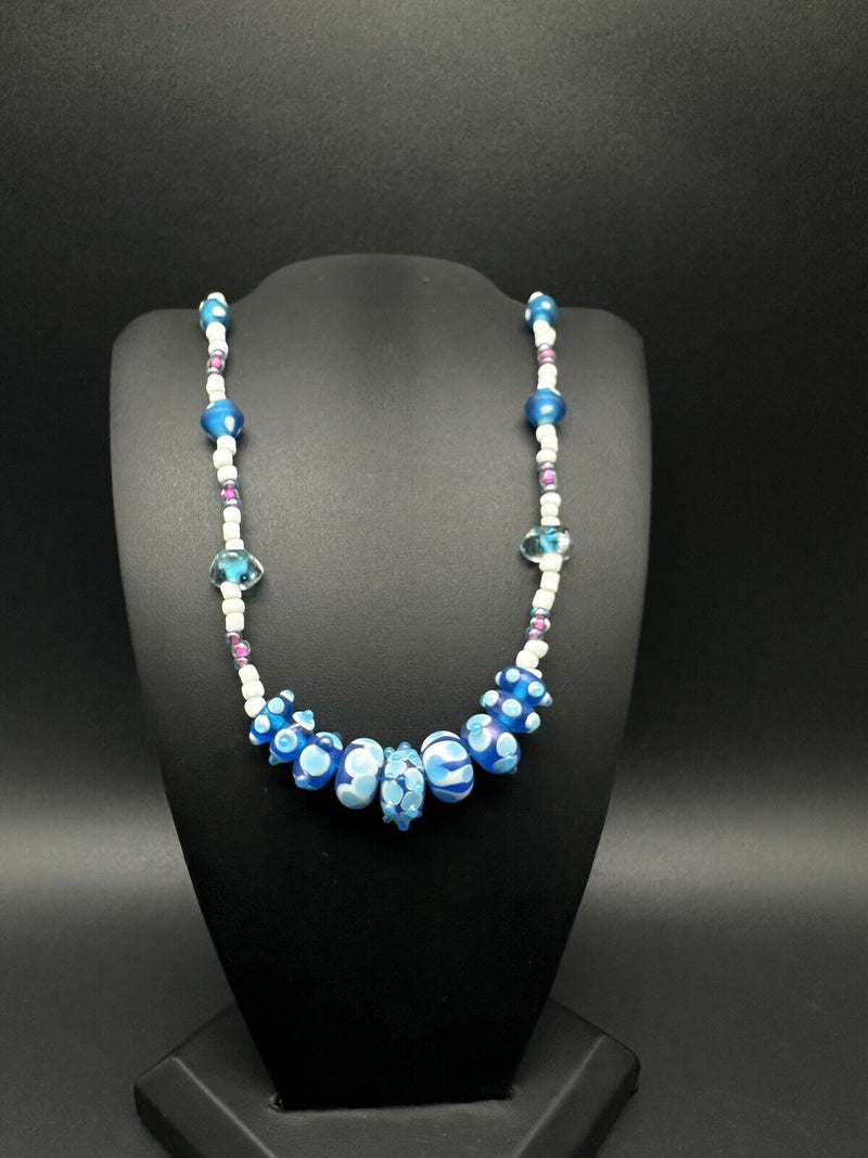 Vintage Art Glass Bead 20” Necklace~Blue White