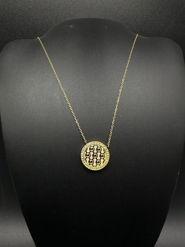 Michael Kors Monogram MOTHER OF PEARL Gold Tone Necklace & Disc Pendant 16-18”