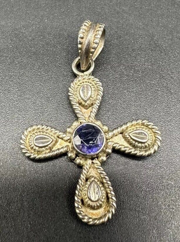 Vintage Sterling Silver 1.5” Cross Pendant Amethyst Stone 6Gs