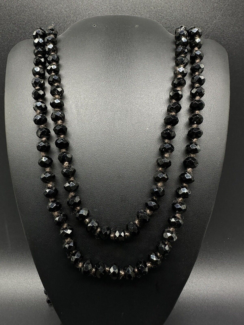 Black Jet Faceted Crystal Long Beaded Strand Statement Necklace 60”