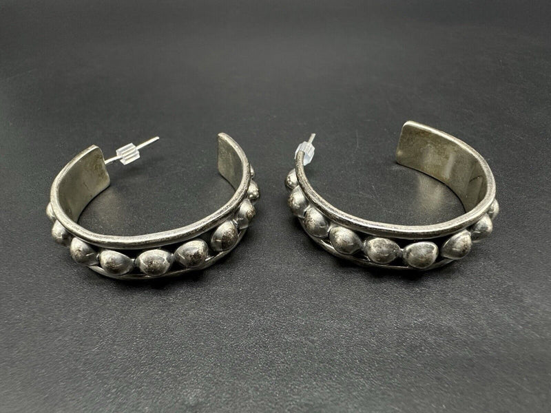 Mexico Sterling Silver Beaded Hoop Earrings 16Gs