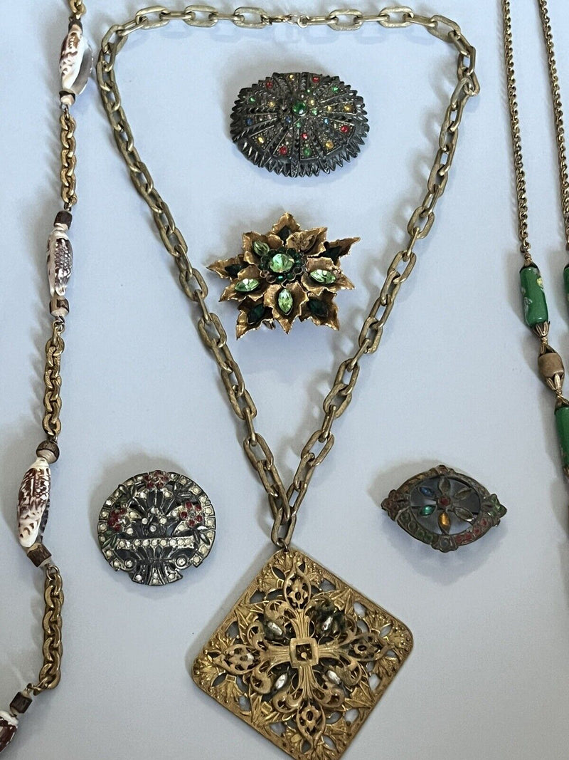 vintage jewelry lot Signed Miriam Haskell Necklace & Unsigned Brooches Mixed Lot