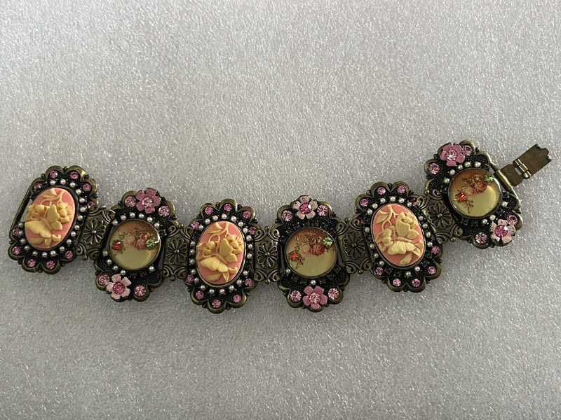 Antique Victorian Porcelain Rhinestone Floral Link Panel Bracelet 7.5”~Highend~