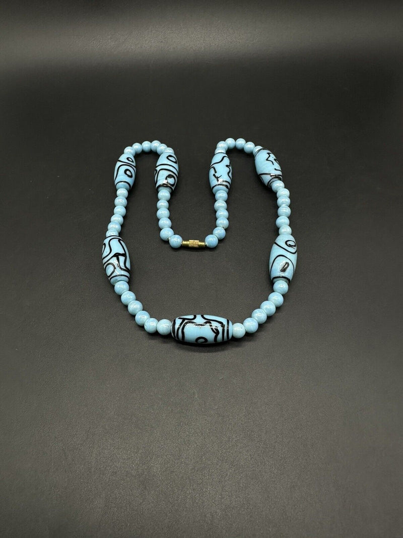 Vintage Blue Lampwork Glass Beaded Necklace 21”