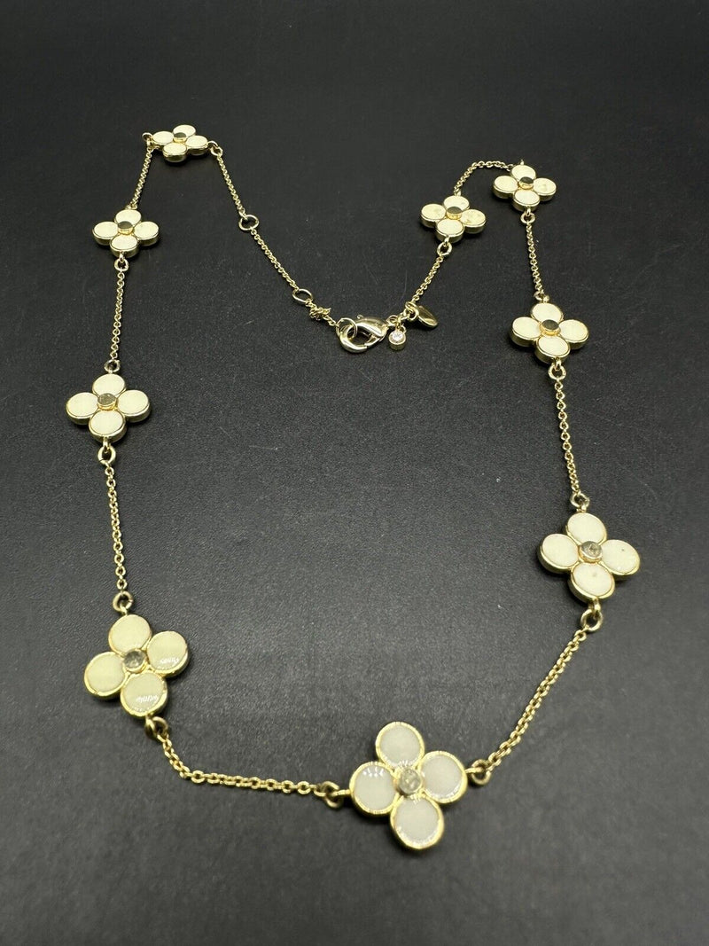 Ann Taylor Necklace Gold Tone Long Chained Clover Flower w Rhinestones 18”