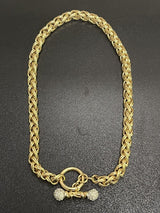 Gold-Tone Wheat Link Chain Choker Necklace 7mm Rhinestone Clasp 16”