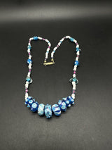 Vintage Art Glass Bead 20” Necklace~Blue White