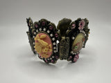 Antique Victorian Porcelain Rhinestone Floral Link Panel Bracelet 7.5”~Highend~