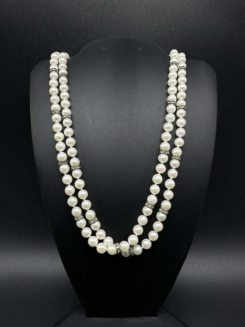 Vtg Double Strand Imitation Pearl Necklace Estate Jewelry Crystal Spacers 18”