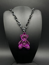 Acrylic Cable Link Chain Fuchsia Pink Bear Pendant Necklace   18” Long Black