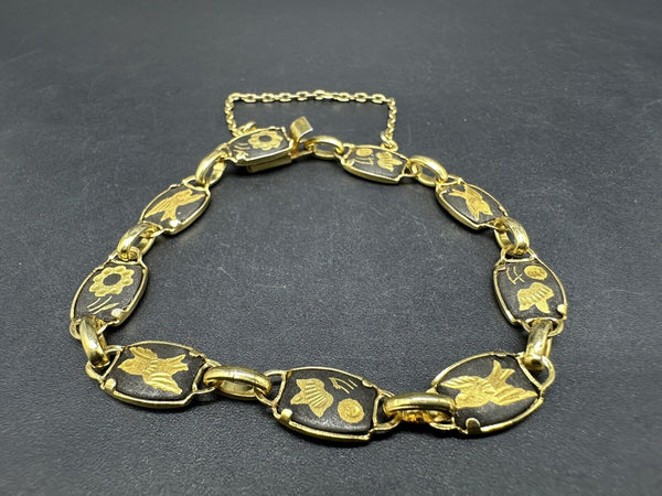 Damascene Bracelet Birds and Flowers gold tone and black enamel safety chain 7”