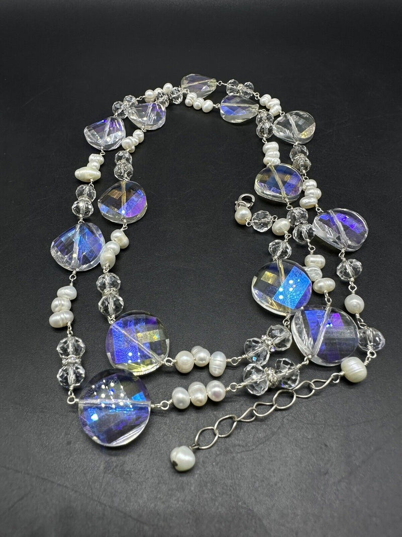 Sterling Silver Faceted Aurora Borealis Crystal Glass Pearl Necklace 36”