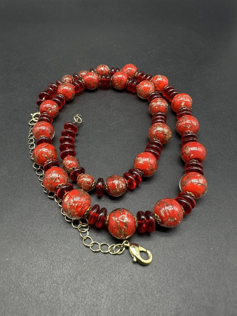 Red Foil Art Glass Beaded Necklace 22”+5