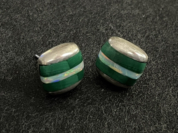 Vintage Sterling Silver Earrings Mother Of Pearl Malachite Inlay