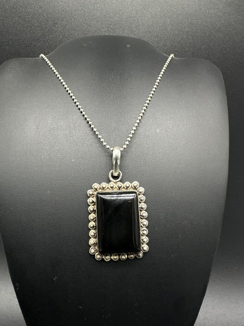 Vintage Sterling Silver Marked Mexico Onyx Pendant Necklace 24”