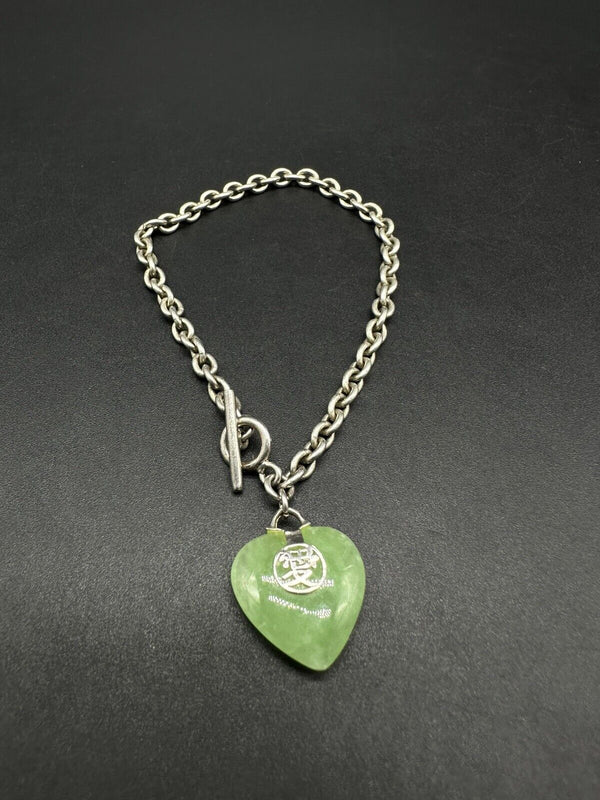 Sterling Silver Rolo Link Bracelet with Jade Heart 7” 10Gs