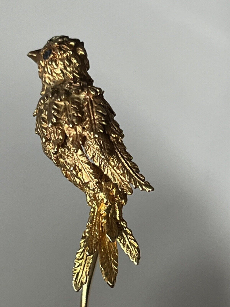 Vintage 14k Yellow Gold & Topaz 3D Figural Bird Designed Stick Pin~6 Grams~2.5”