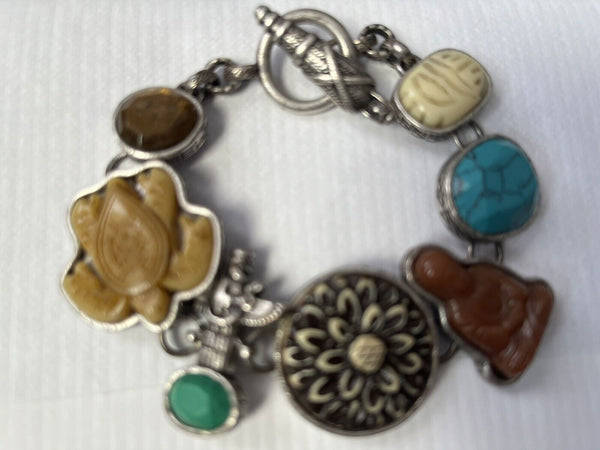 Vintage Carved Stone Link Bracelet w/Buddha Flower, Scarab, Turtle, Kachina 7”