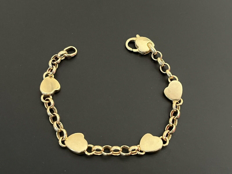 14K Yellow Gold Rolo Link Chain Heart Pendant Bracelet 9.3g