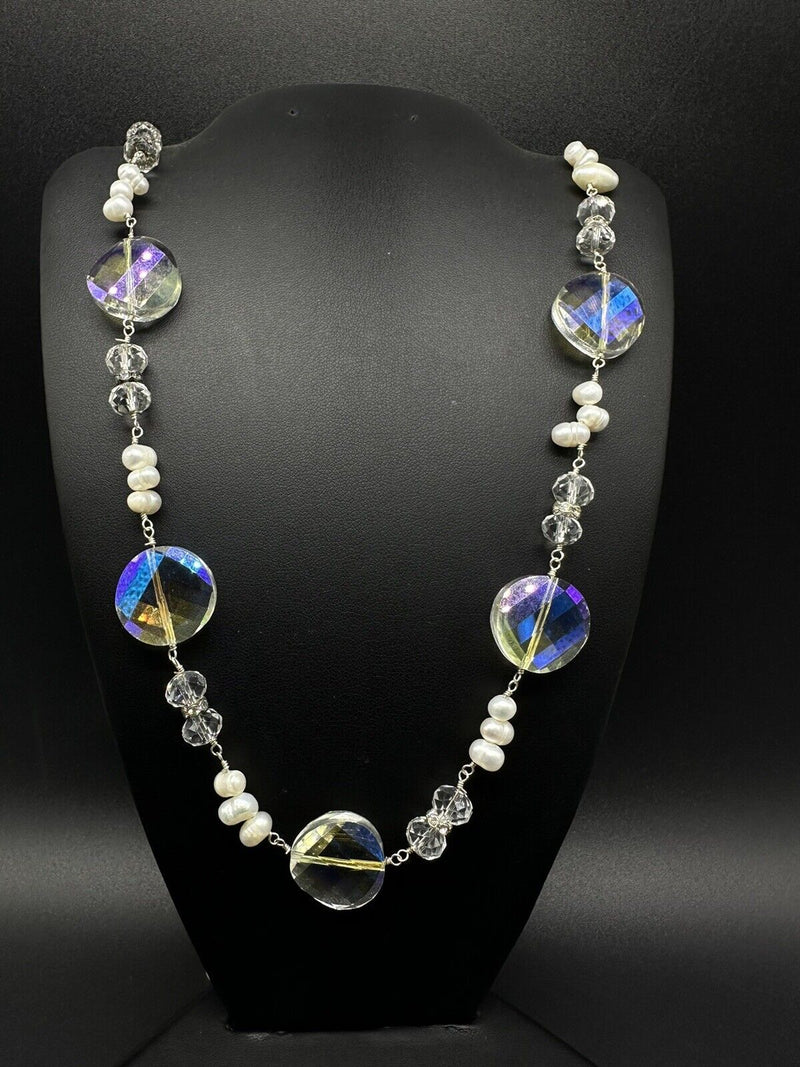 Sterling Silver Faceted Aurora Borealis Crystal Glass Pearl Necklace 36”