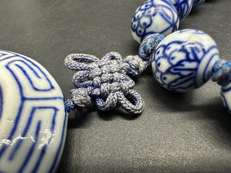 Chinese Shou Bead Vintage Necklace Handpainted Knotted Blue White 28”