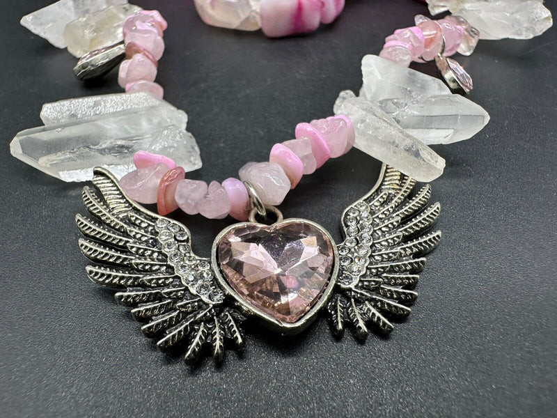 Pink Heart & Wings Crystal Bead Choker Necklace 15”