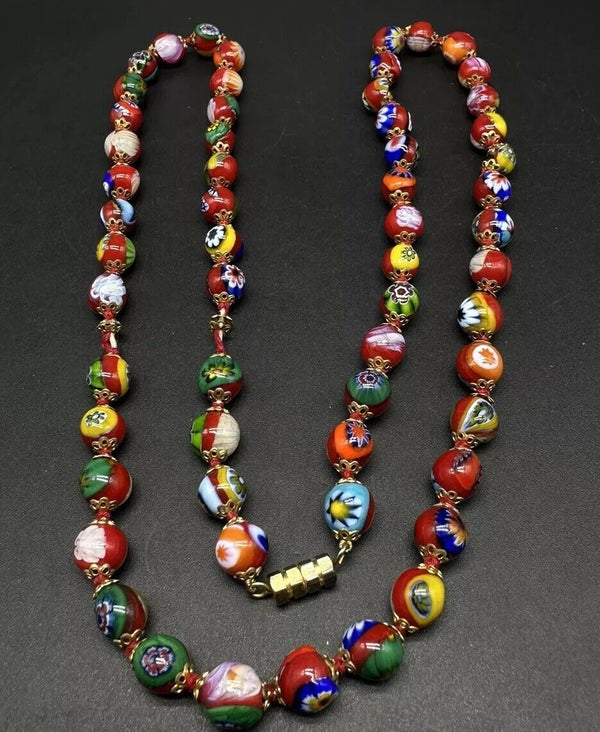 Vintage Venetian Murano Millefiori Red Multi Glass Beads Knotted 30” Necklace