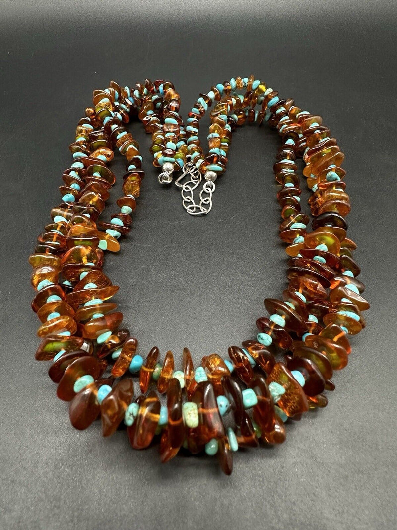 Sterling Silver 3Strnd Amber & Turquoise Necklace 20”