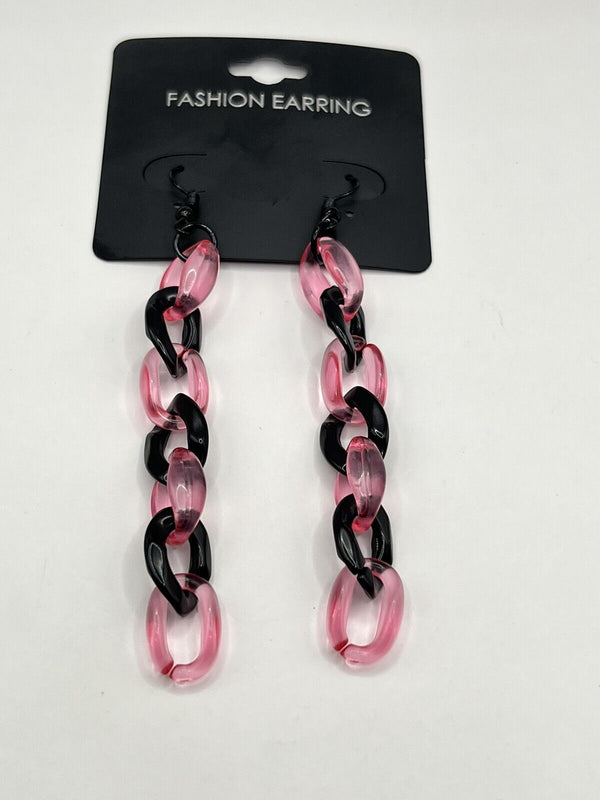Fun Acrylic  Mix Link Chain Dangle Pink Clear Plastic Earrings 3.5”