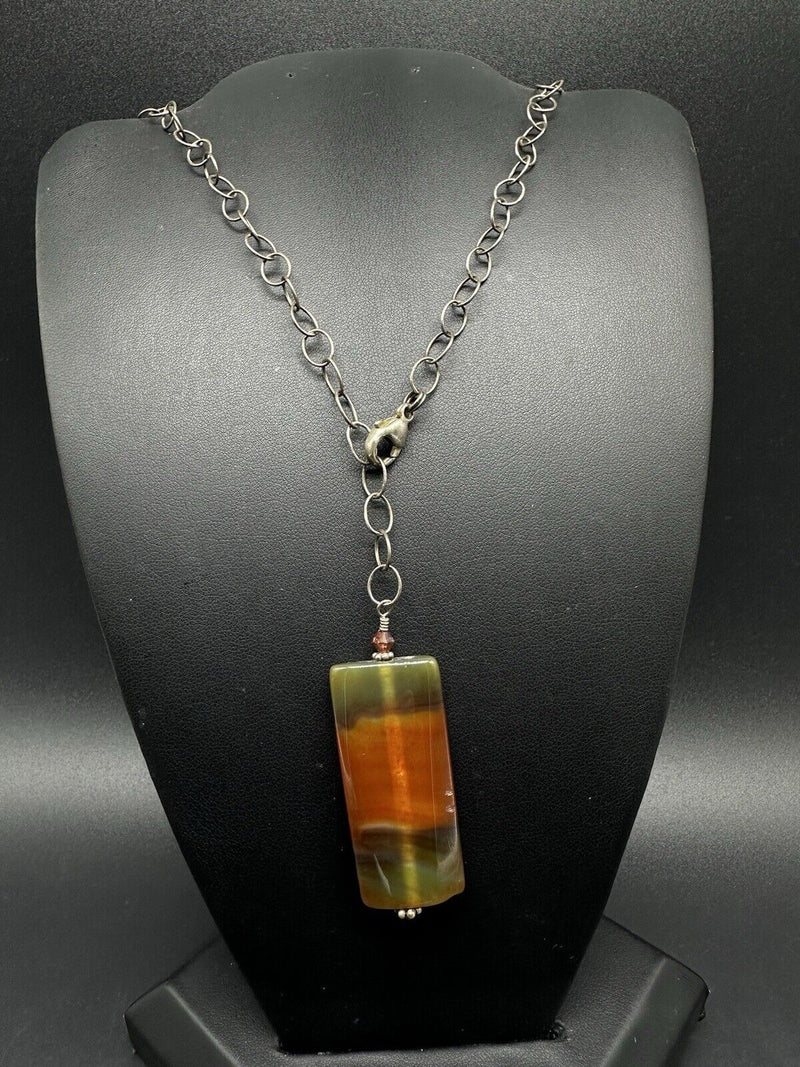 Agate Pendant Sterling Silver Necklace 18” Long