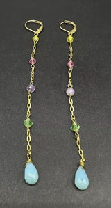 925 Vermeil Sterling Silver Goldtone Multi Gemstone Dangle Earrings 2.5” Long