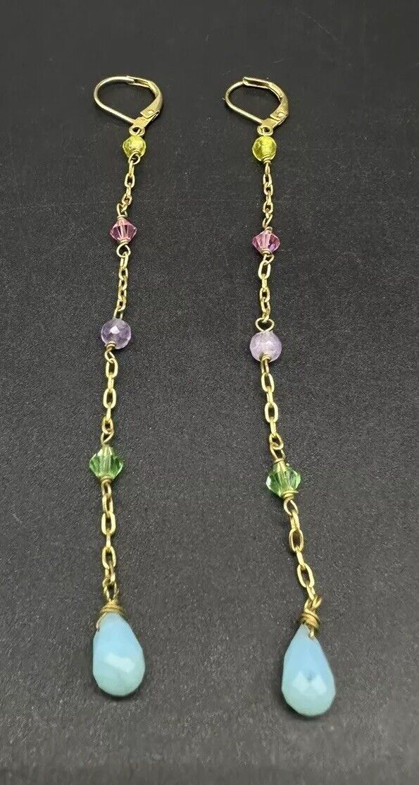 925 Vermeil Sterling Silver Goldtone Multi Gemstone Dangle Earrings 2.5” Long