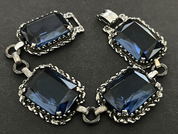 Vintage Blue Glass Stone Link  Panels Rectangle Bracelet 7.5”