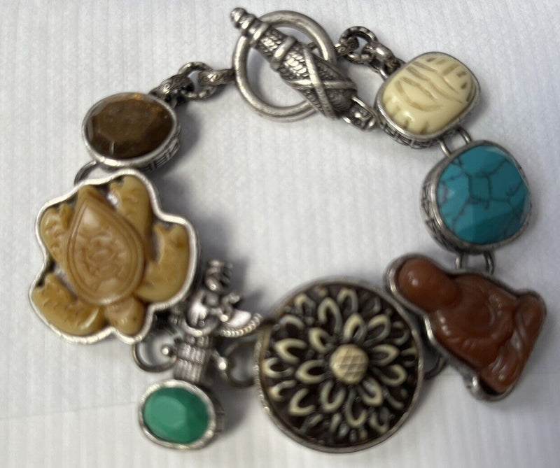 Vintage Carved Stone Link Bracelet w/Buddha Flower, Scarab, Turtle, Kachina 7”