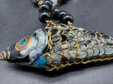 Unique Cloisonné  Enamel Fish Stone Necklace Artisan 18”