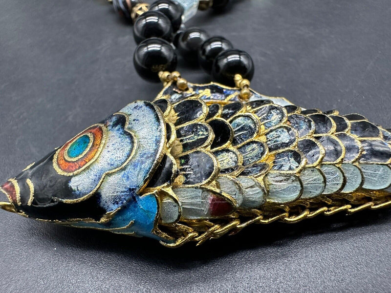 Unique Cloisonné  Enamel Fish Stone Necklace Artisan 18”