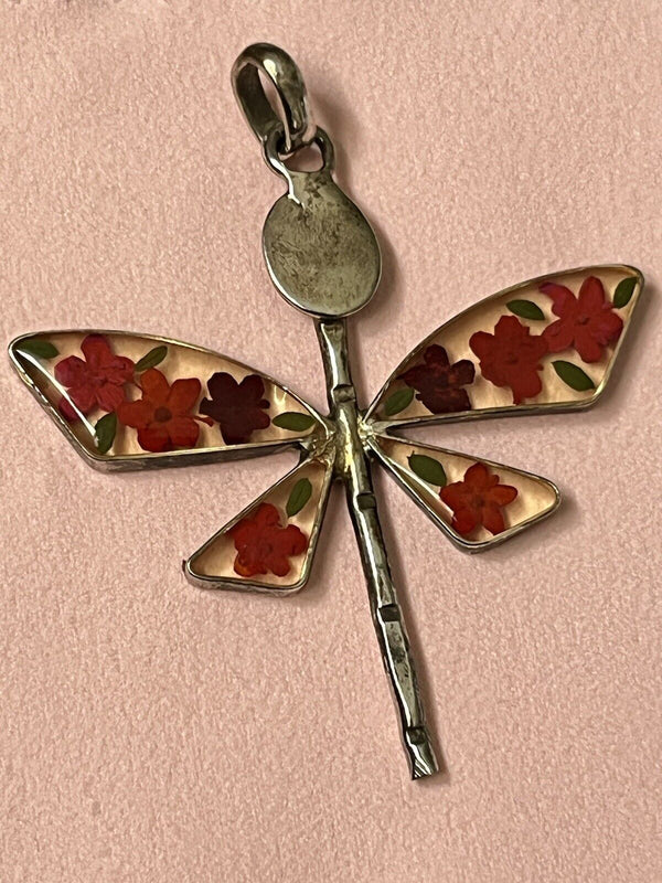 925 Sterling Silver Floral Flower Inlay Dragonfly Pendant 2.25”