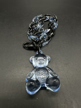 Acrylic Cable Link Chain Crystal Bear Pendant Necklace 17” Long Black & Blue