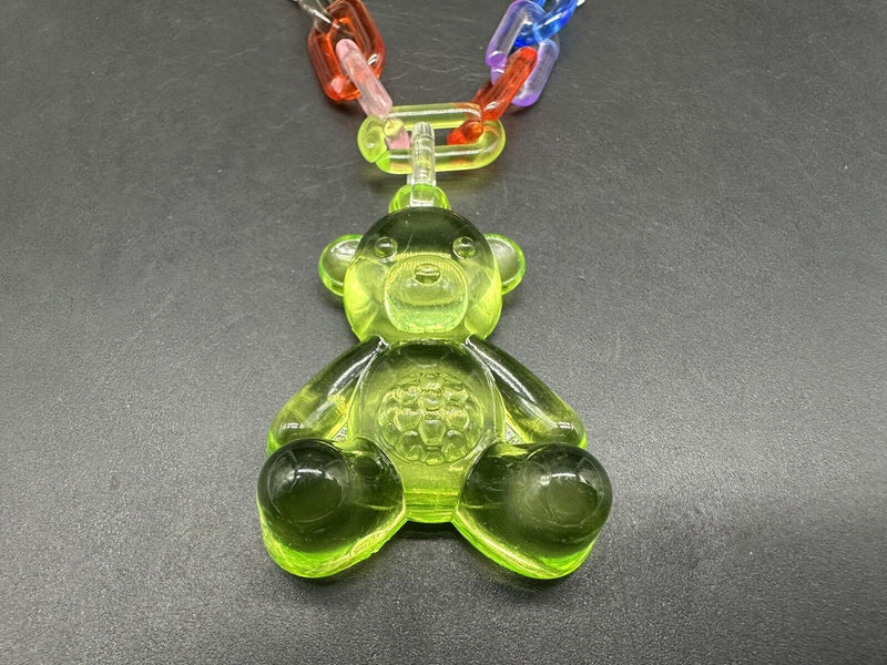 Acrylic Cable Link Chain Crystal Lime Green Bear Pendant Necklace 18” Long