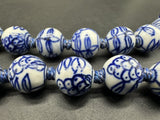 Chinese Shou Bead Vintage Necklace Handpainted Knotted Blue White 28”