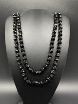 Black Jet Faceted Crystal Long Beaded Strand Statement Necklace 60”