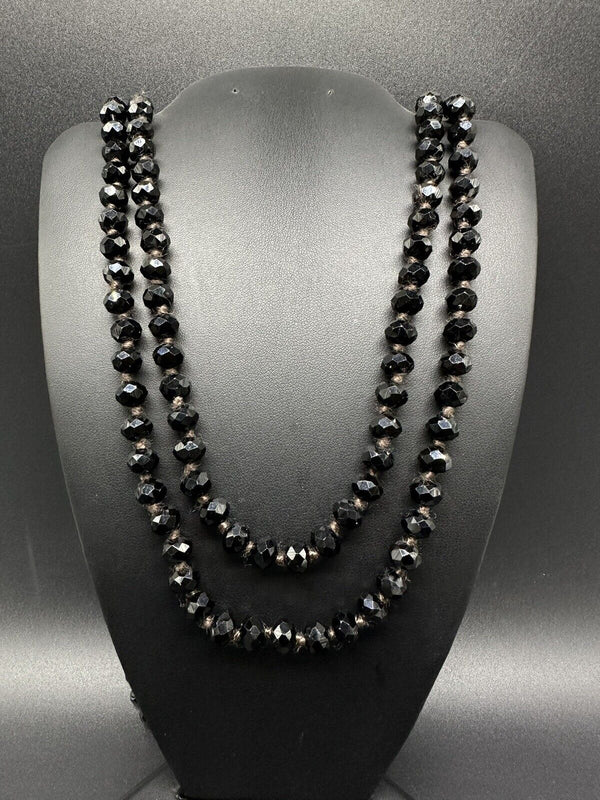 Black Jet Faceted Crystal Long Beaded Strand Statement Necklace 60”