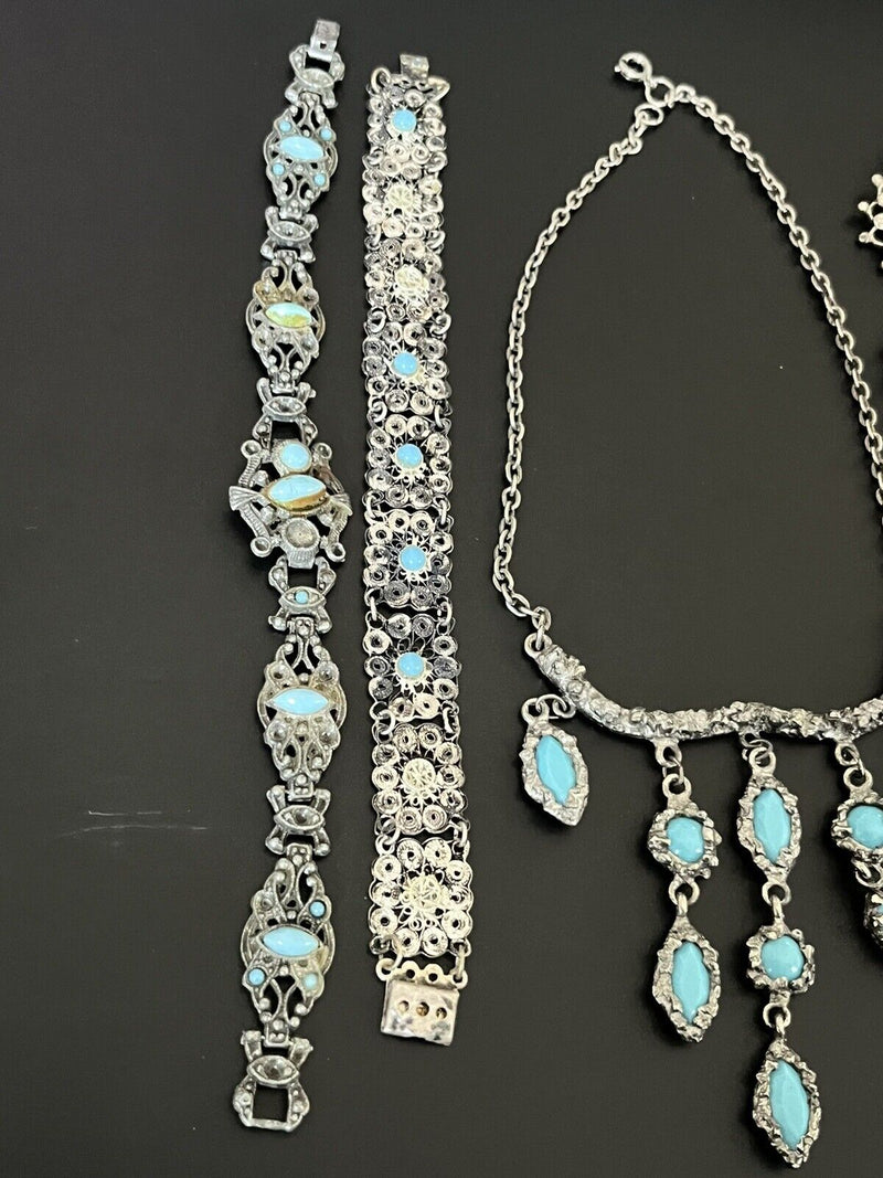 Vintage Victorian Turquoise Faux Stone Lot Of Jewelry~ Missing Stones