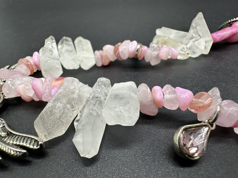 Pink Heart & Wings Crystal Bead Choker Necklace 15”