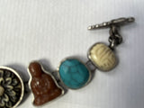 Vintage Carved Stone Link Bracelet w/Buddha Flower, Scarab, Turtle, Kachina 7”