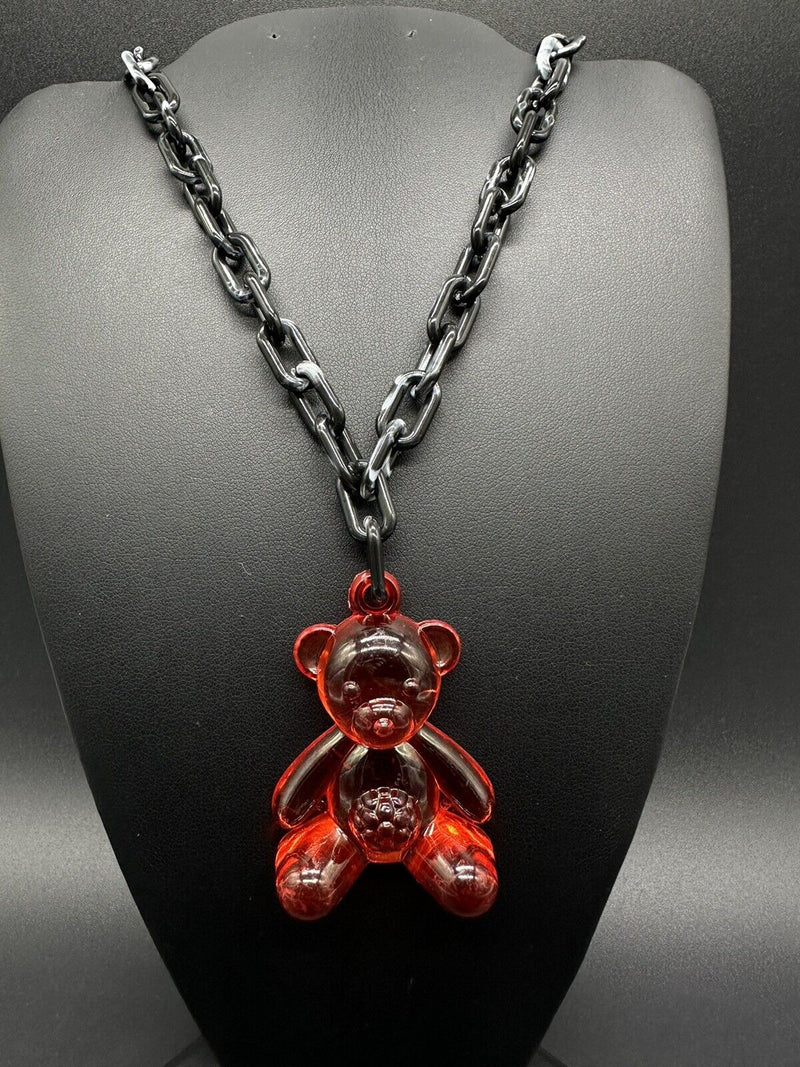 Acrylic Cable Link Chain Red Crystal Bear Pendant Necklace 17” Long Black